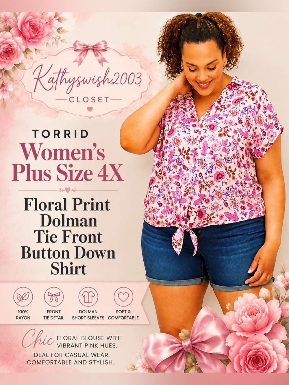 Torrid Women's Plus Size 4X Floral Print Dolman Tie Front Button Down Shirt EUC